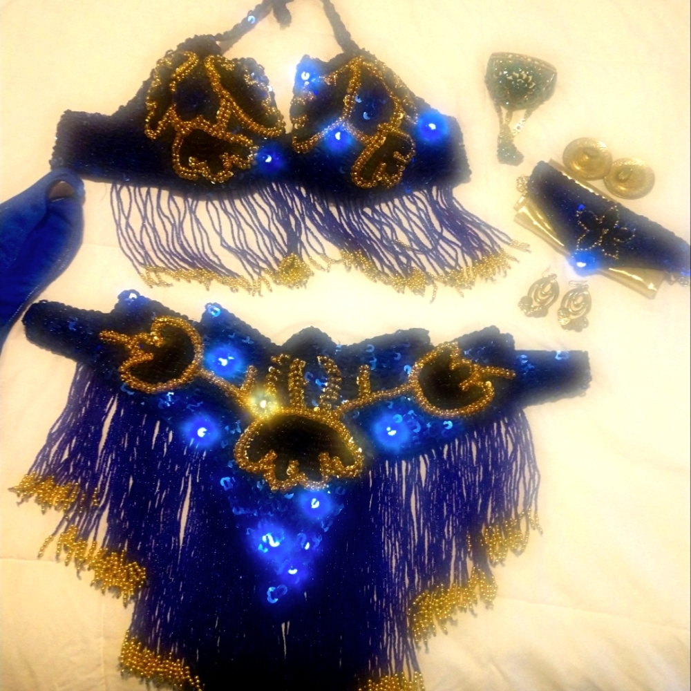 Authentic handmade in Turkey size L royal blue and gold belly dancing costume